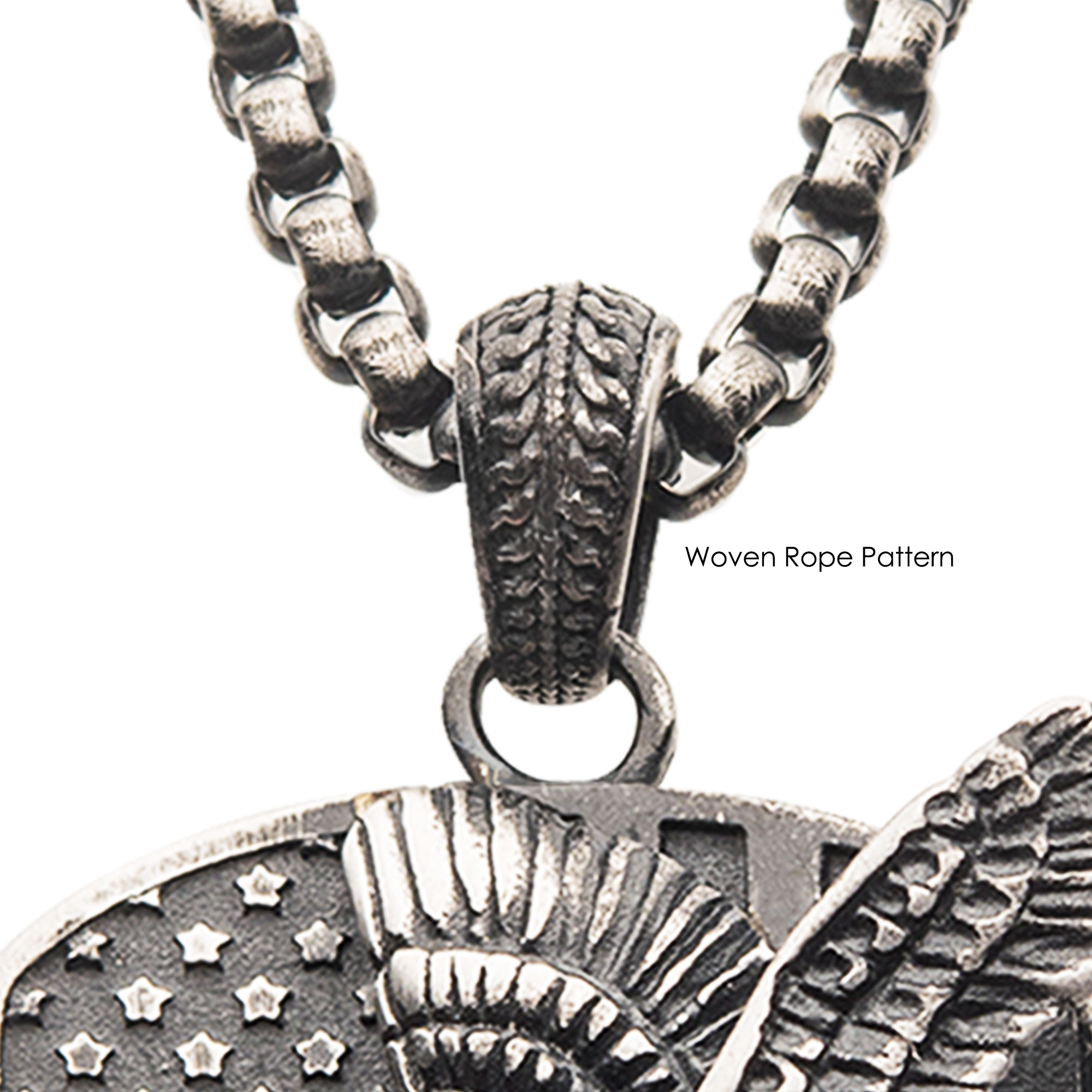 Gun Metal Plated Rugged American Flag with Polished Steel 3D Eagle Pendant with Box Chain Image 4 Ken Walker Jewelers Gig Harbor, WA