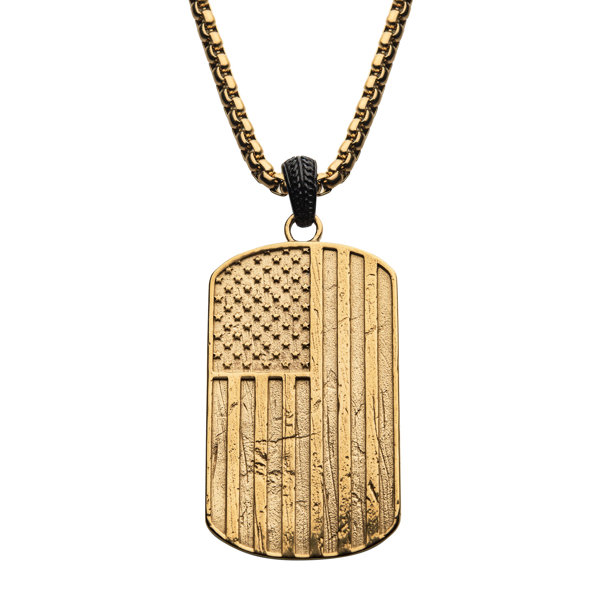 Polished Gold Plated Rugged American Flag Pendant on a Polished Black Plated Bail with Gold Plated Box Chain Mueller Jewelers Chisago City, MN