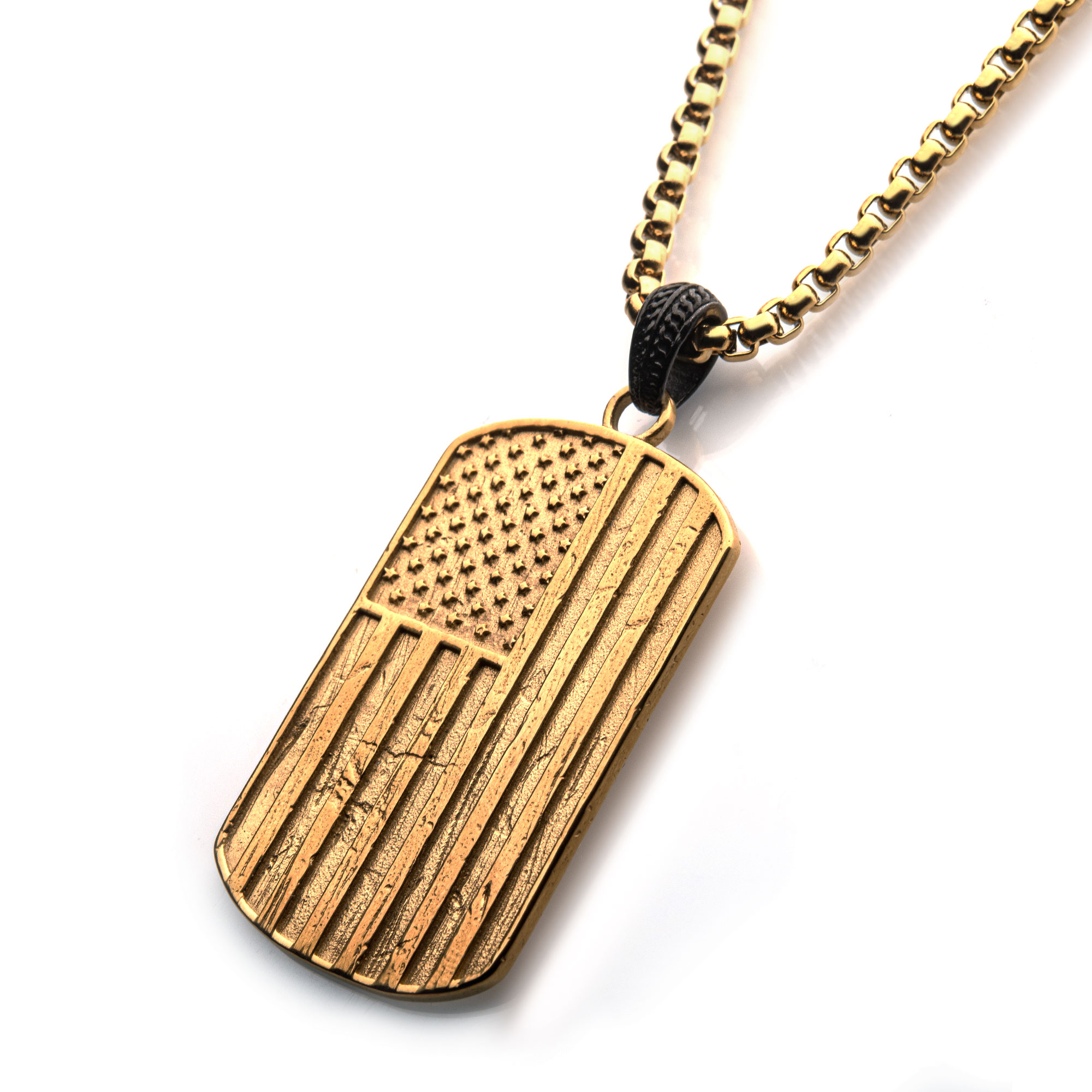 Polished Gold Plated Rugged American Flag Pendant on a Polished Black Plated Bail with Gold Plated Box Chain Image 2 Lewis Jewelers, Inc. Ansonia, CT