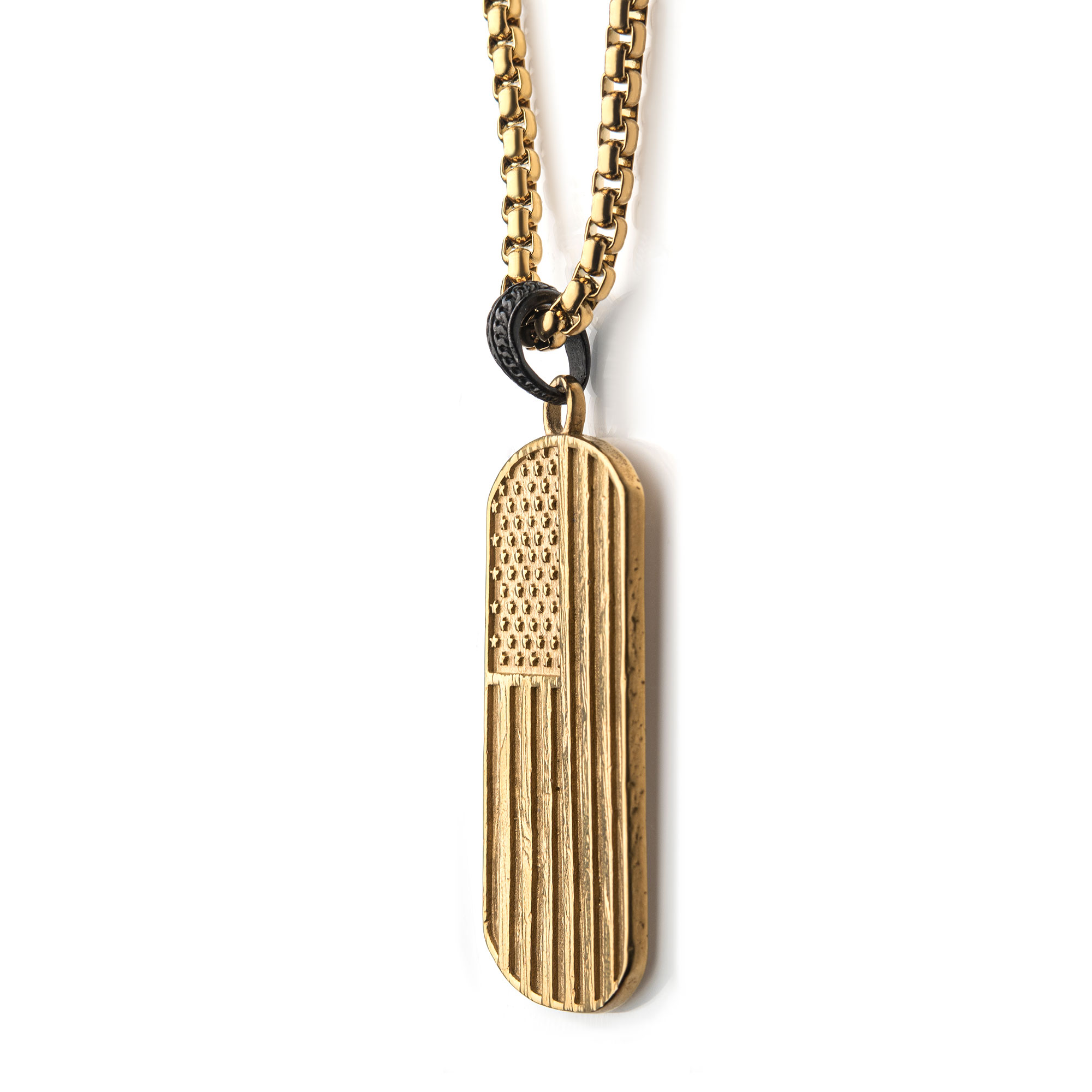 Polished Gold Plated Rugged American Flag Pendant on a Polished Black Plated Bail with Gold Plated Box Chain Image 3 Lewis Jewelers, Inc. Ansonia, CT