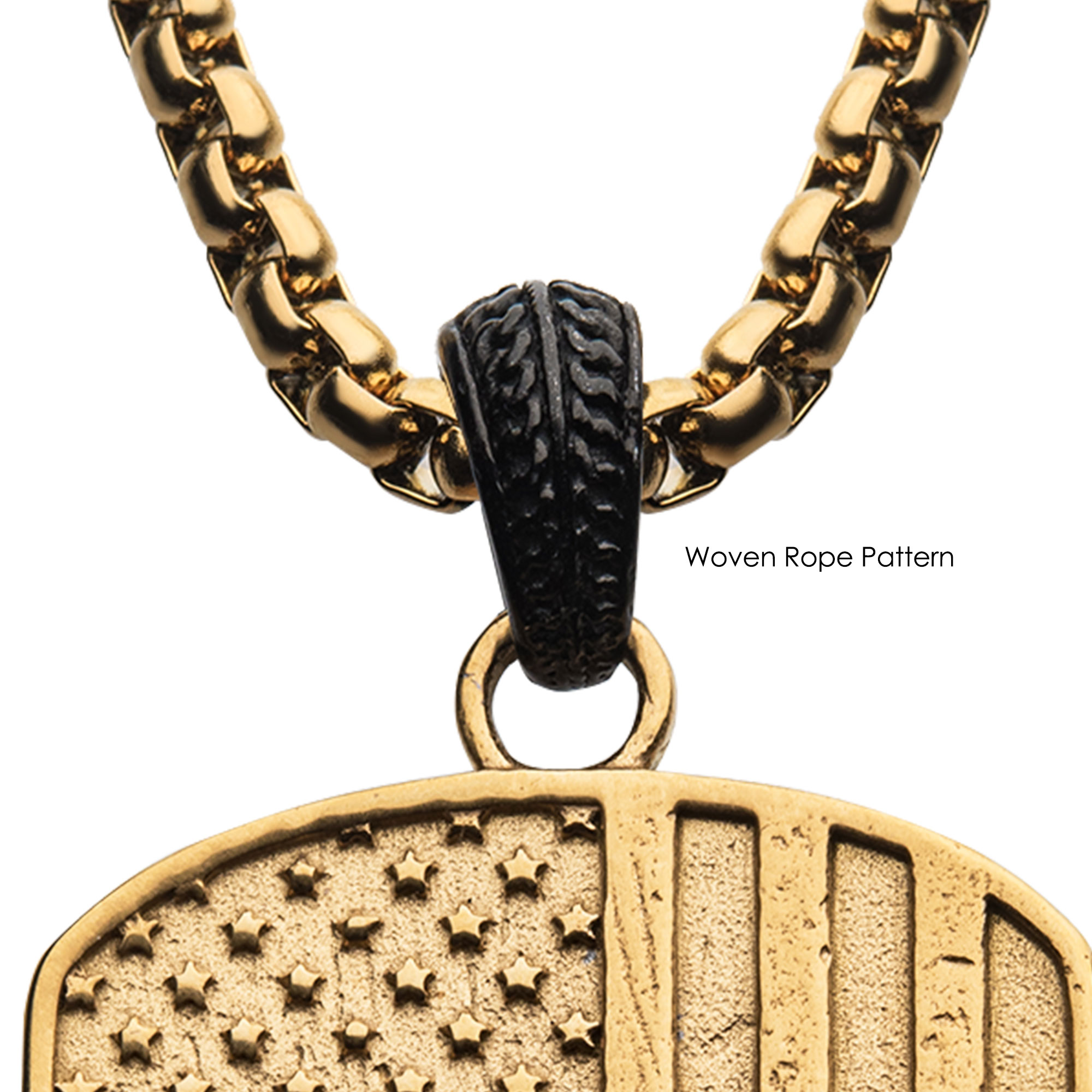 Polished Gold Plated Rugged American Flag Pendant on a Polished Black Plated Bail with Gold Plated Box Chain Image 4 Jayson Jewelers Cape Girardeau, MO
