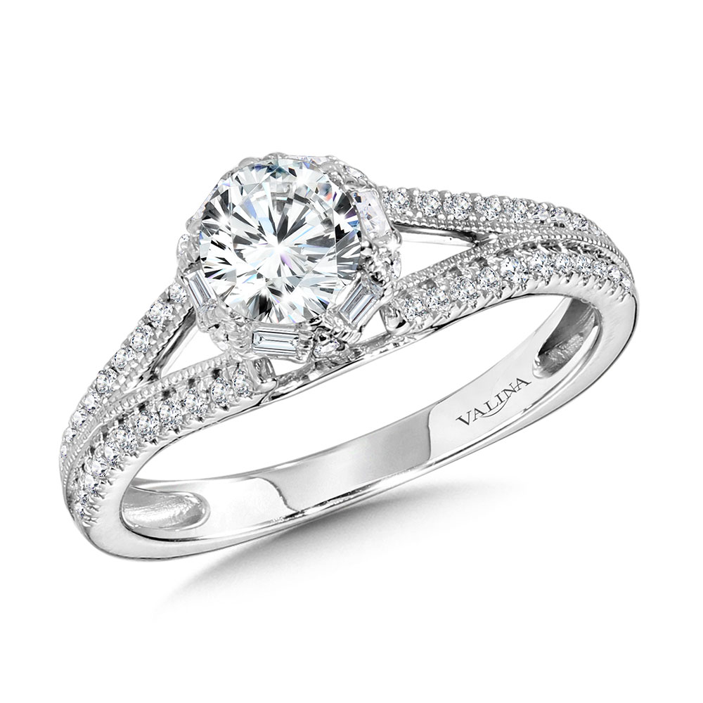 Six-Prong Milgrain-Beaded Split Shank Baguette Halo Engagement Ring Gold Mine Jewelers Jackson, CA