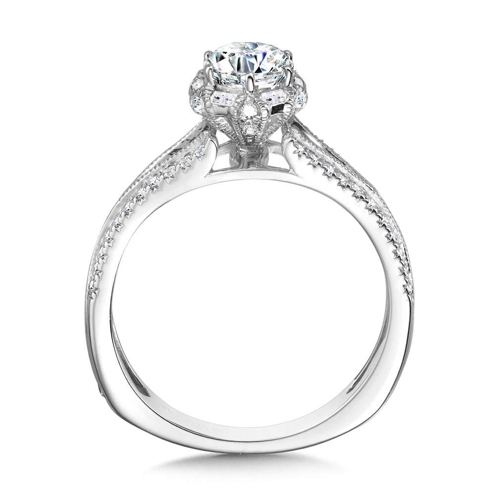 Six-Prong Milgrain-Beaded Split Shank Baguette Halo Engagement Ring Image 2 Gold Mine Jewelers Jackson, CA