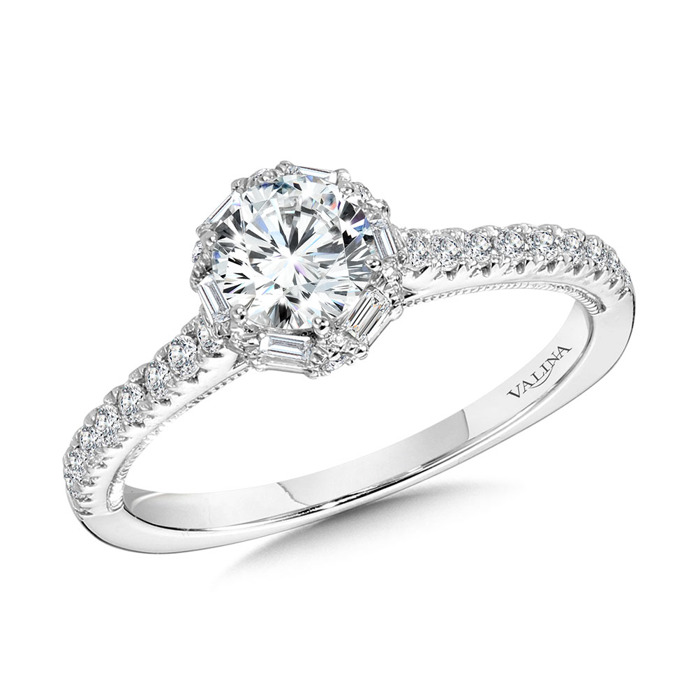 Six-Prong Milgrain-Beaded Baguette Halo Engagement Ring Biondi Diamond Jewelers Aurora, CO