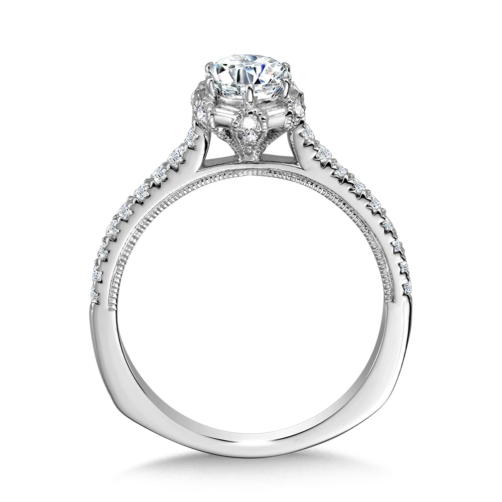 Six-Prong Milgrain-Beaded Baguette Halo Engagement Ring Image 2 The Jewelry Source El Segundo, CA