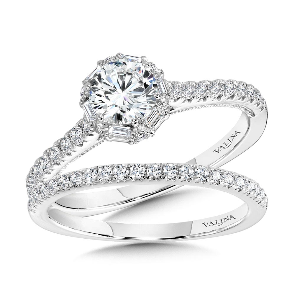 Six-Prong Milgrain-Beaded Baguette Halo Engagement Ring Image 3 Coughlin Jewelers St. Clair, MI