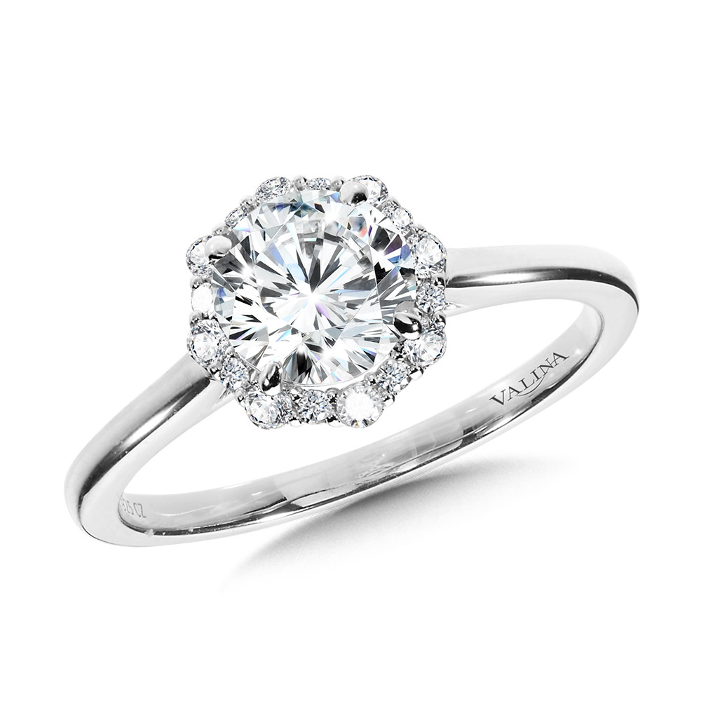 Modern Straight Halo Diamond Engagement Ring Biondi Diamond Jewelers Aurora, CO