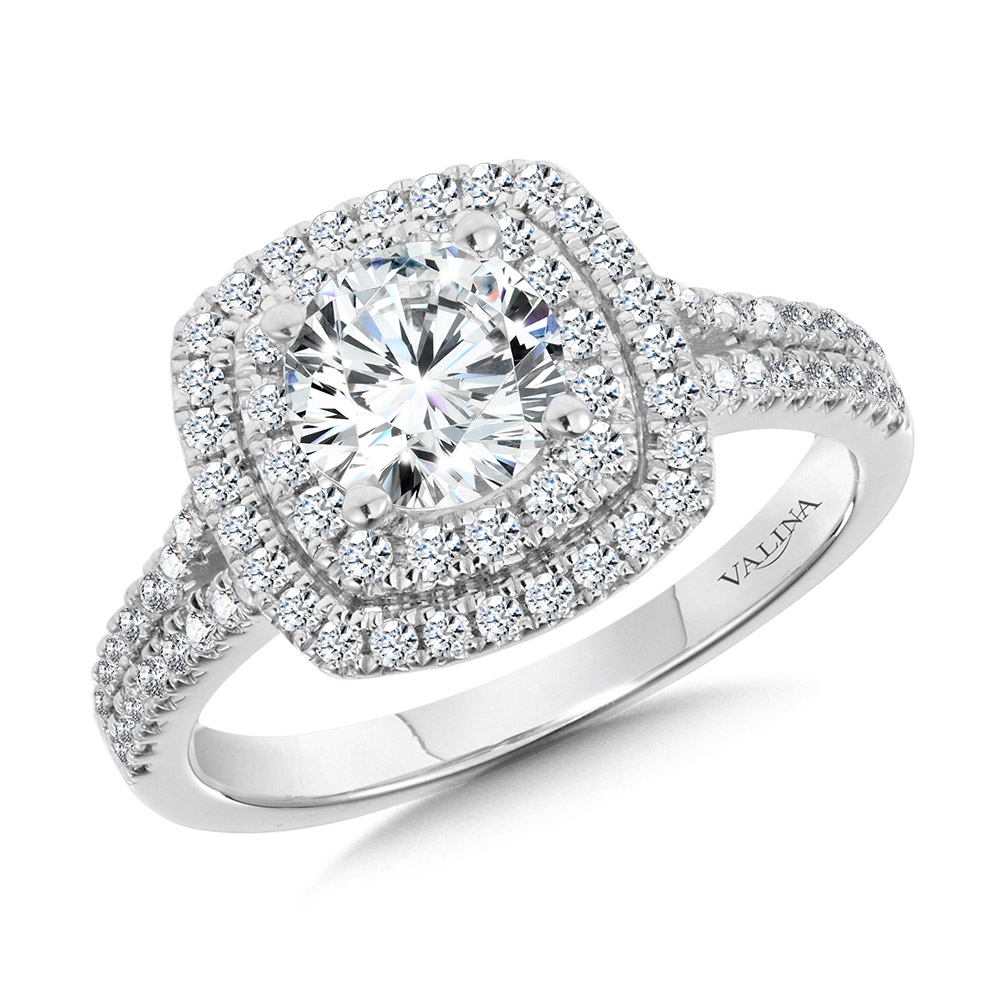 Cushion-Shaped Double-Halo Split Shank Engagement Ring Gold Mine Jewelers Jackson, CA