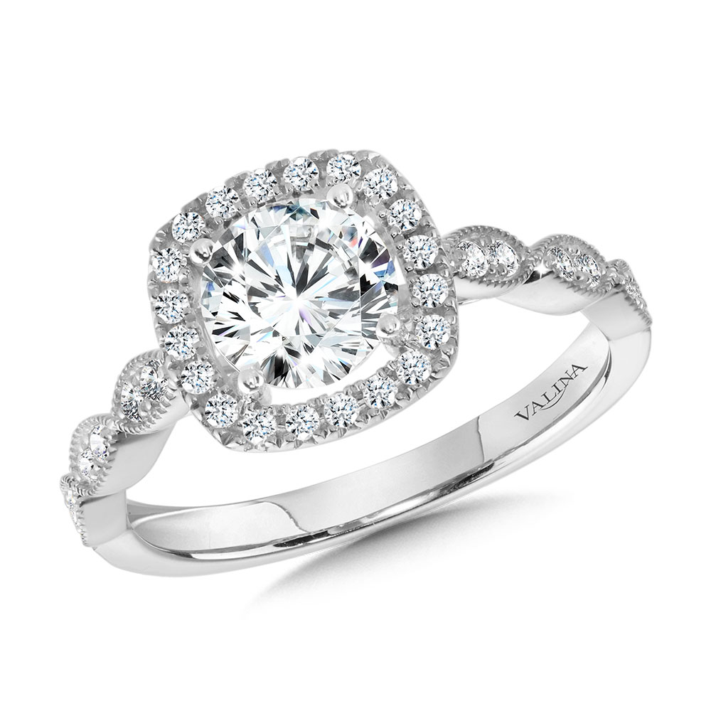 Scalloped & Milgrain-Beaded Cushion-Shaped Halo Engagement Ring Gold Mine Jewelers Jackson, CA