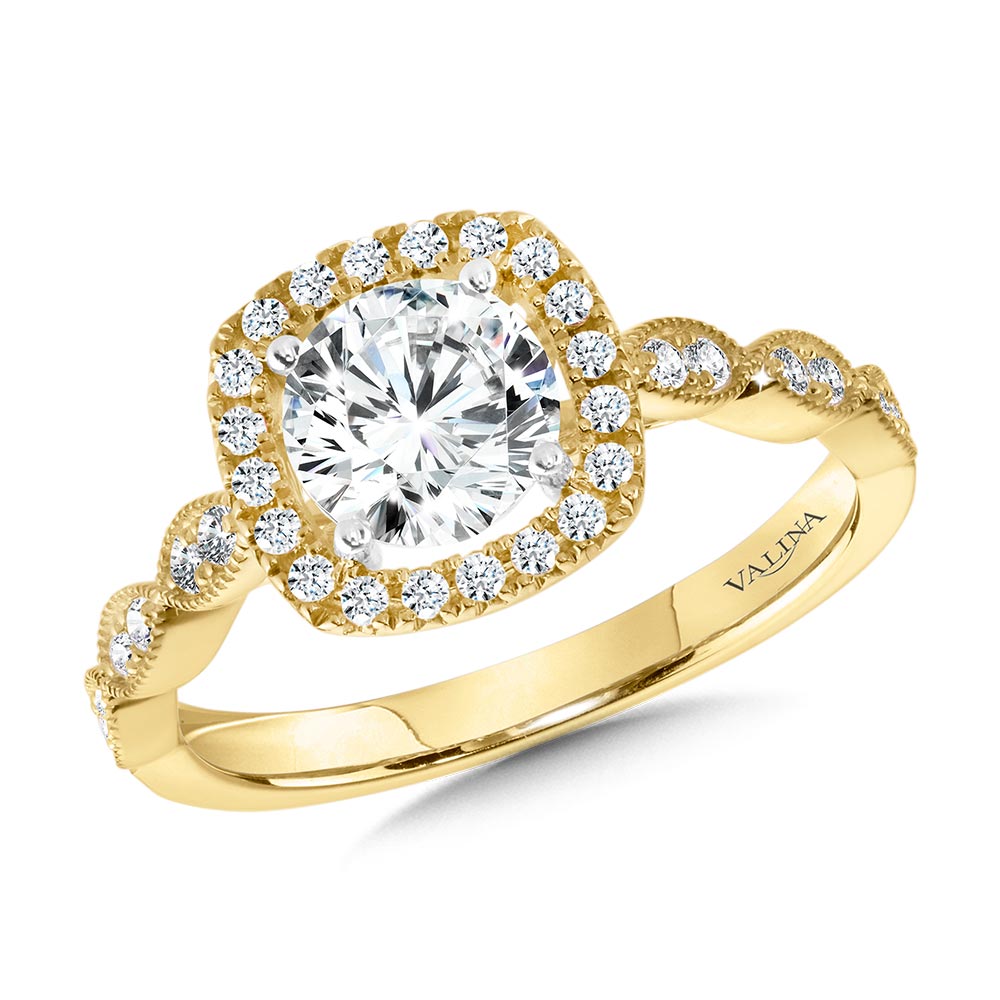 Scalloped & Milgrain-Beaded Cushion-Shaped Halo Engagement Ring Biondi Diamond Jewelers Aurora, CO