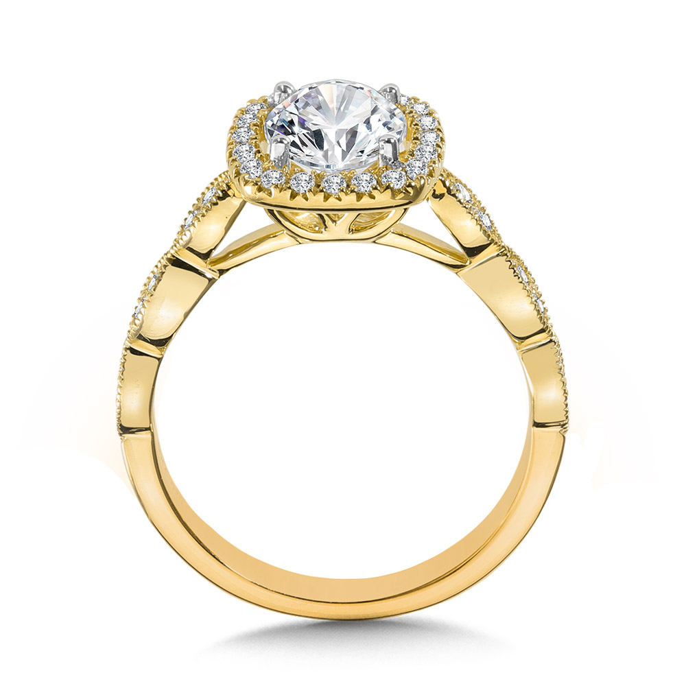 Scalloped & Milgrain-Beaded Cushion-Shaped Halo Engagement Ring Image 2 Gold Mine Jewelers Jackson, CA