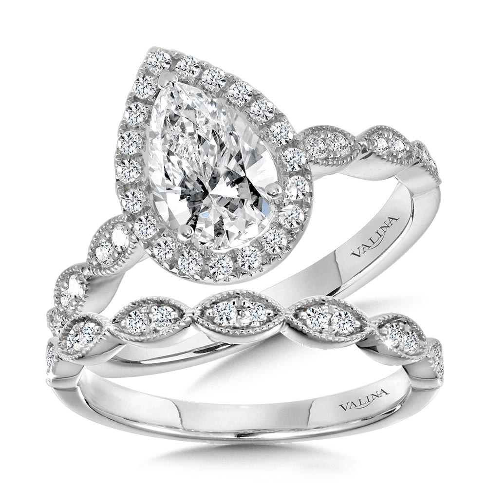 Scalloped & Milgrain-Beaded Pear-Shaped Halo Engagement Ring Image 3 Gold Mine Jewelers Jackson, CA