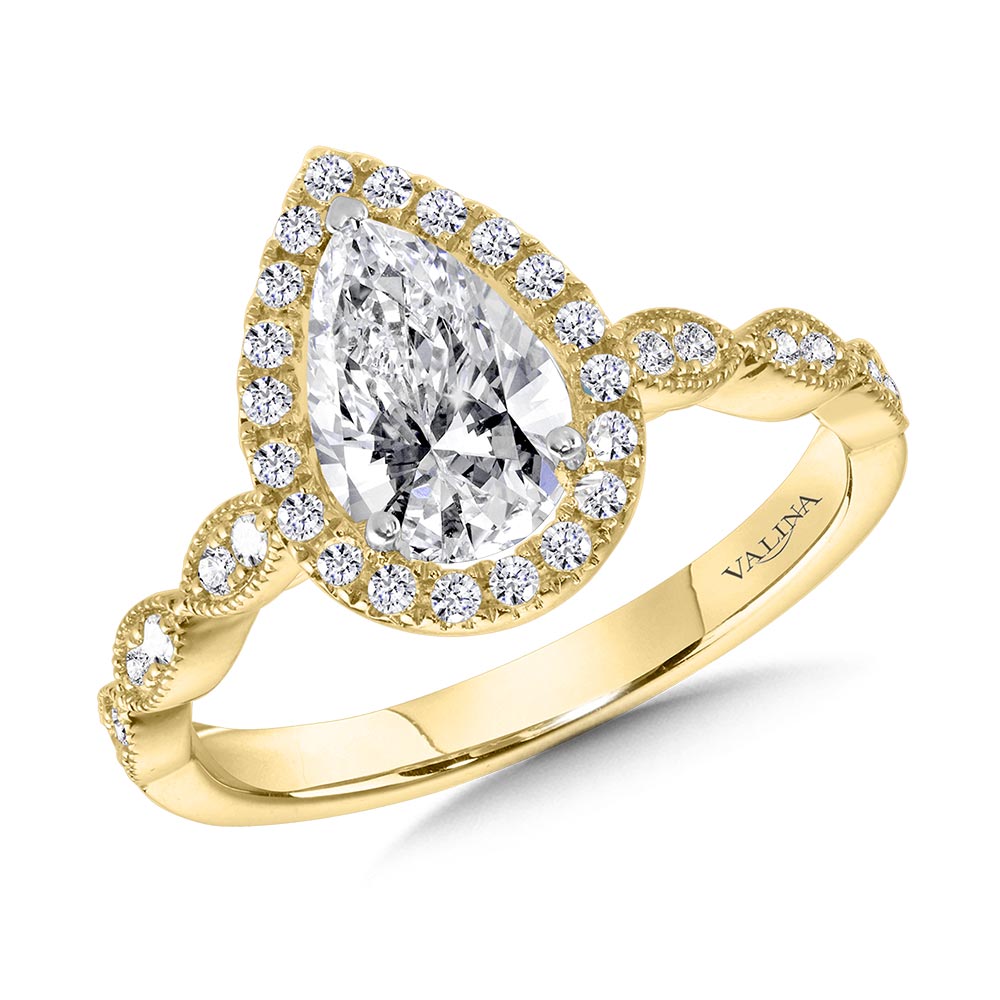 Scalloped & Milgrain-Beaded Pear-Shaped Halo Engagement Ring Gold Mine Jewelers Jackson, CA