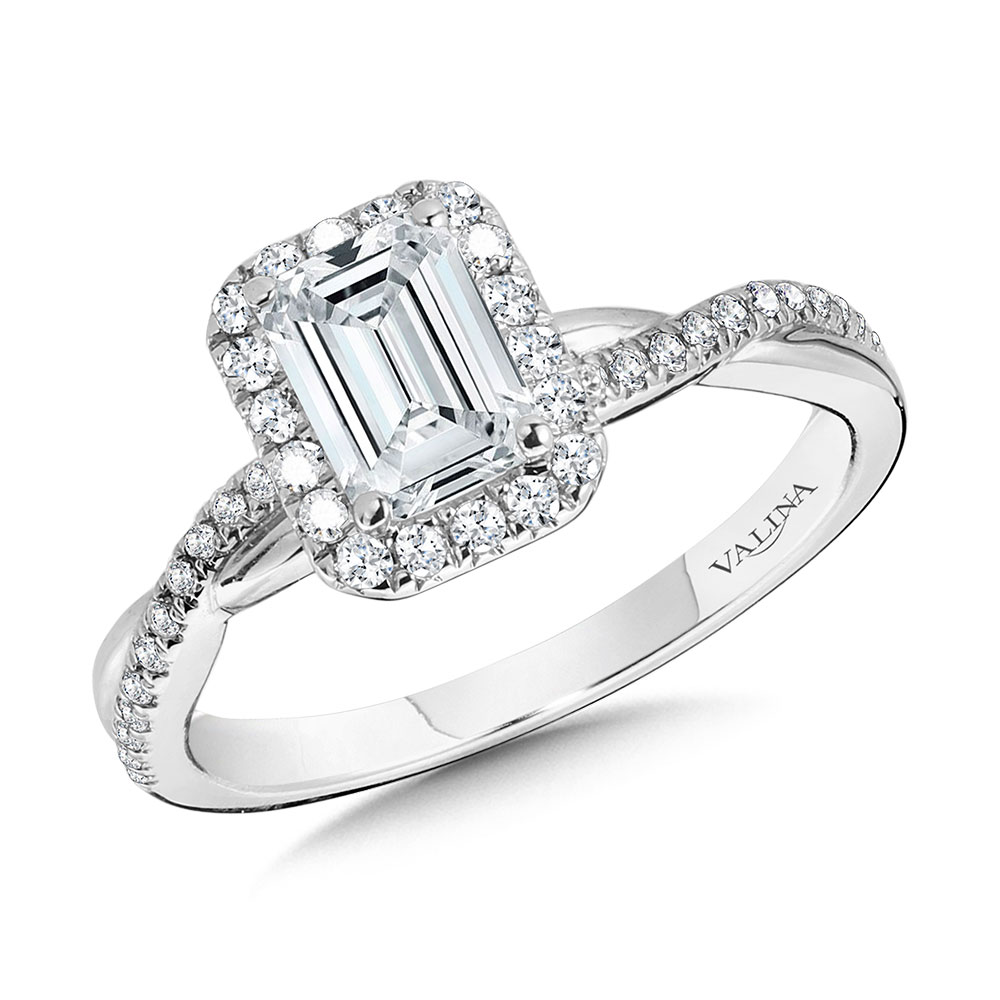 Crisscross Emerald-Shaped Halo Engagement Ring Gold Mine Jewelers Jackson, CA