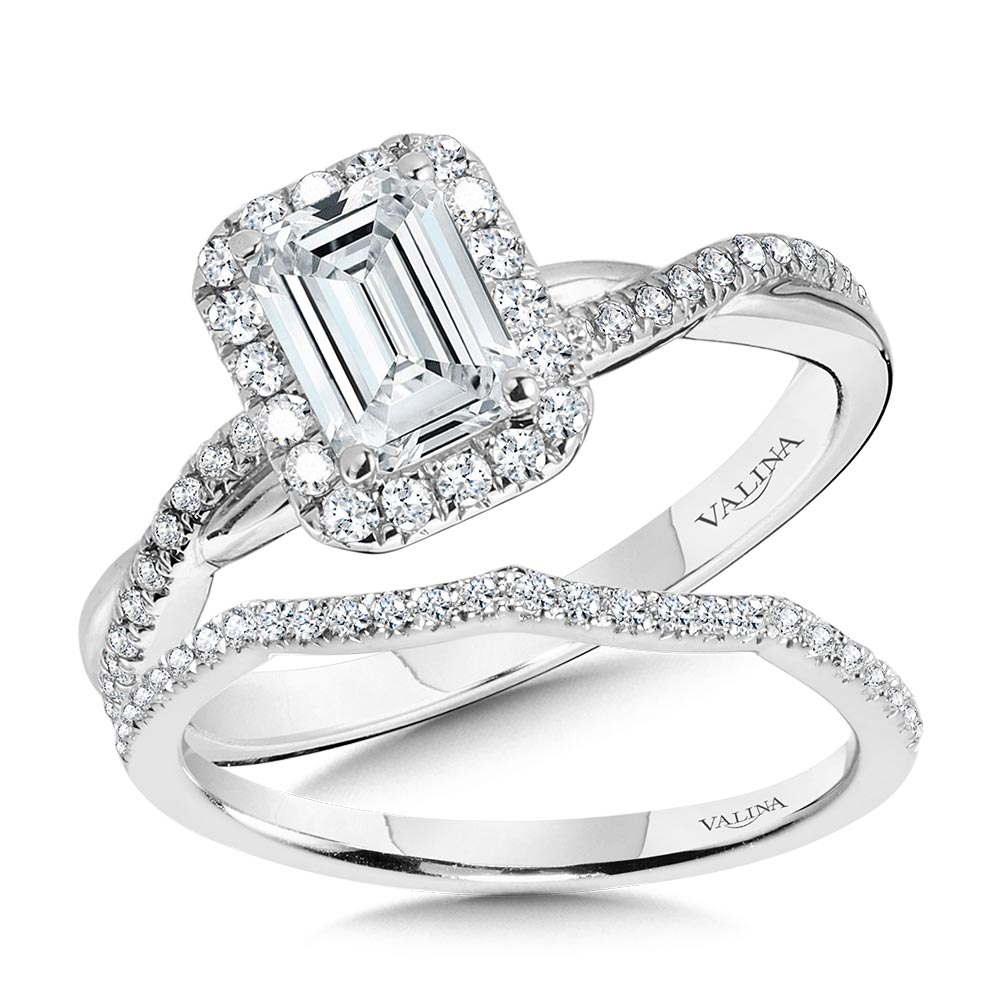 Crisscross Emerald-Shaped Halo Engagement Ring Image 3 Biondi Diamond Jewelers Aurora, CO