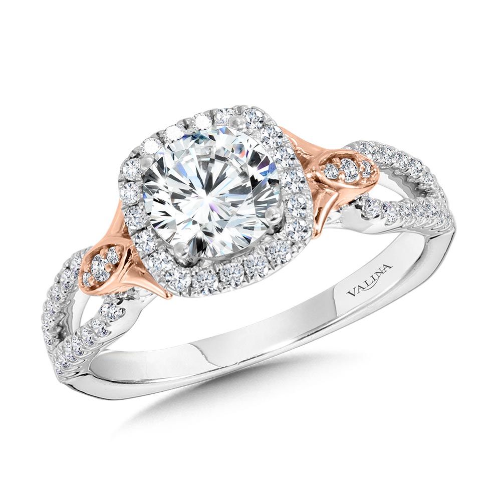 Dual-Tone Split Shank Cushion-Shaped Halo Engagement Ring Gold Mine Jewelers Jackson, CA