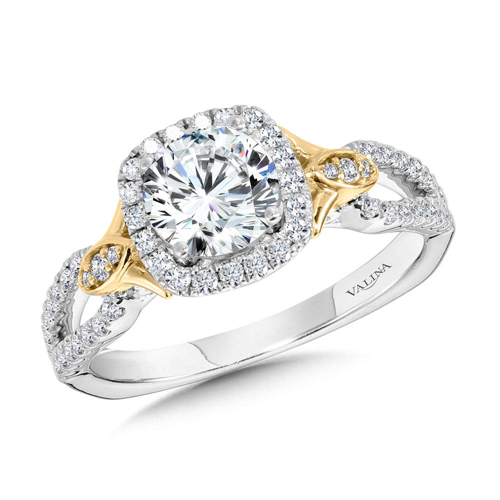 Dual-Tone Split Shank Cushion-Shaped Halo Engagement Ring Gold Mine Jewelers Jackson, CA