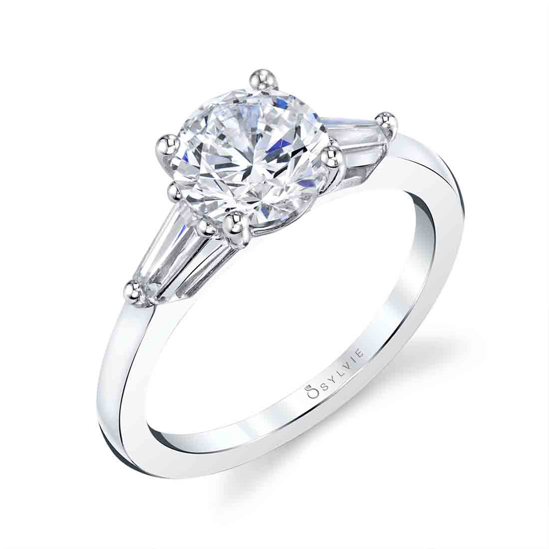 Three Stone Engagement Ring with Baguette Diamonds - Nicolette Stuart Benjamin & Co. Jewelry Designs San Diego, CA