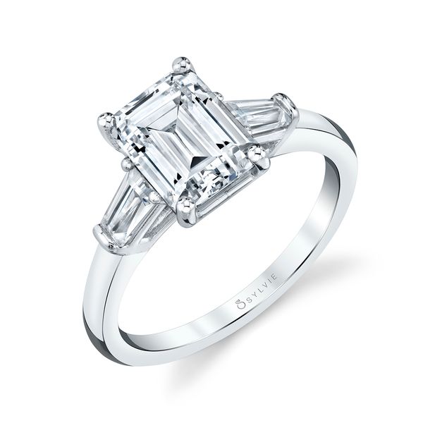 Three Stone Engagement Ring with Baguette Diamonds - Nicolette Castle Couture Fine Jewelry Manalapan, NJ