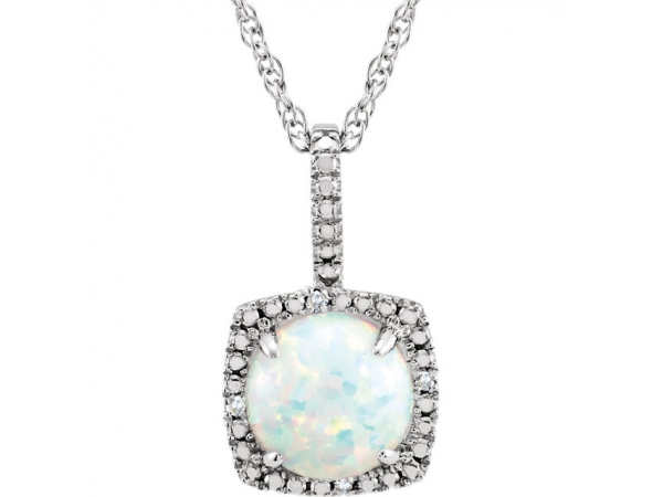 Halo-Style Birthstone Necklace - Sterling Silver 7 mm Created Opal & .015 CTW Diamond 18