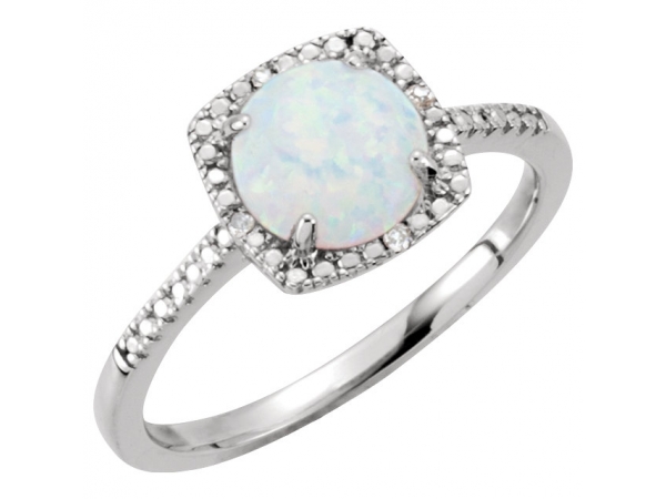 Halo-Style Birthstone Ring  - Sterling Silver Created White Opal & .01 CTW Diamond Ring Size 7