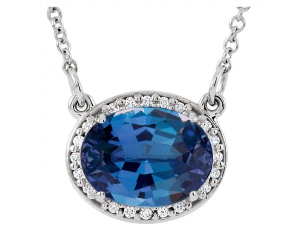 Halo-Style Necklace - 14K White Chatham® Created Blue Sapphire & .05 CTW Diamond 16.5