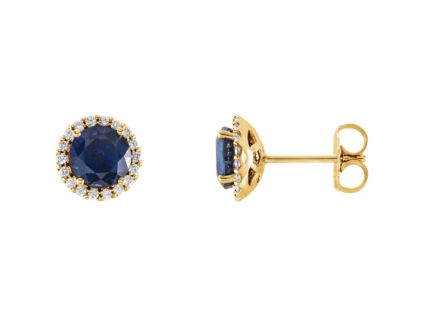 Halo-Style Earrings - 14K Yellow Blue Sapphire & 1/10 CTW Diamond Earrings 